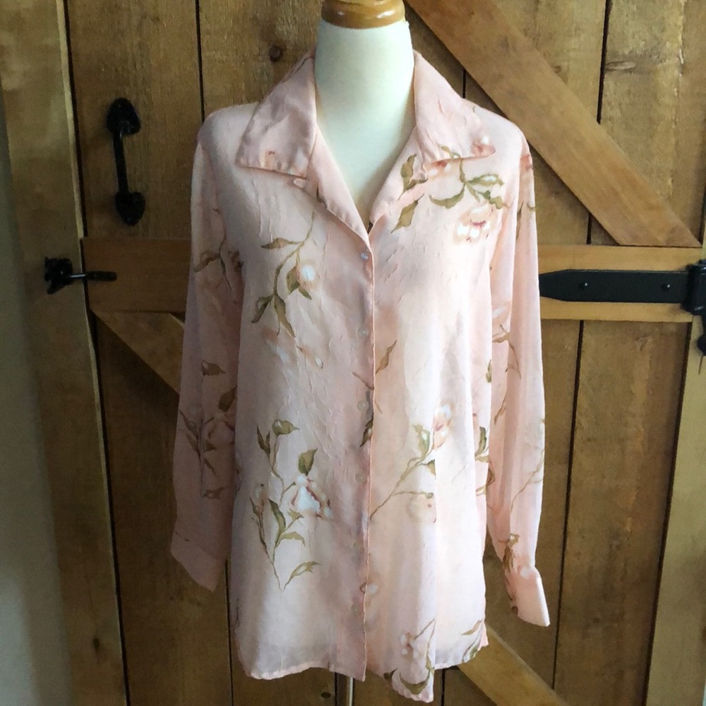 Women’s STYLE STUDIO Semi Sheer Peach Floral Long Sleeve Button Down Blouse 1X